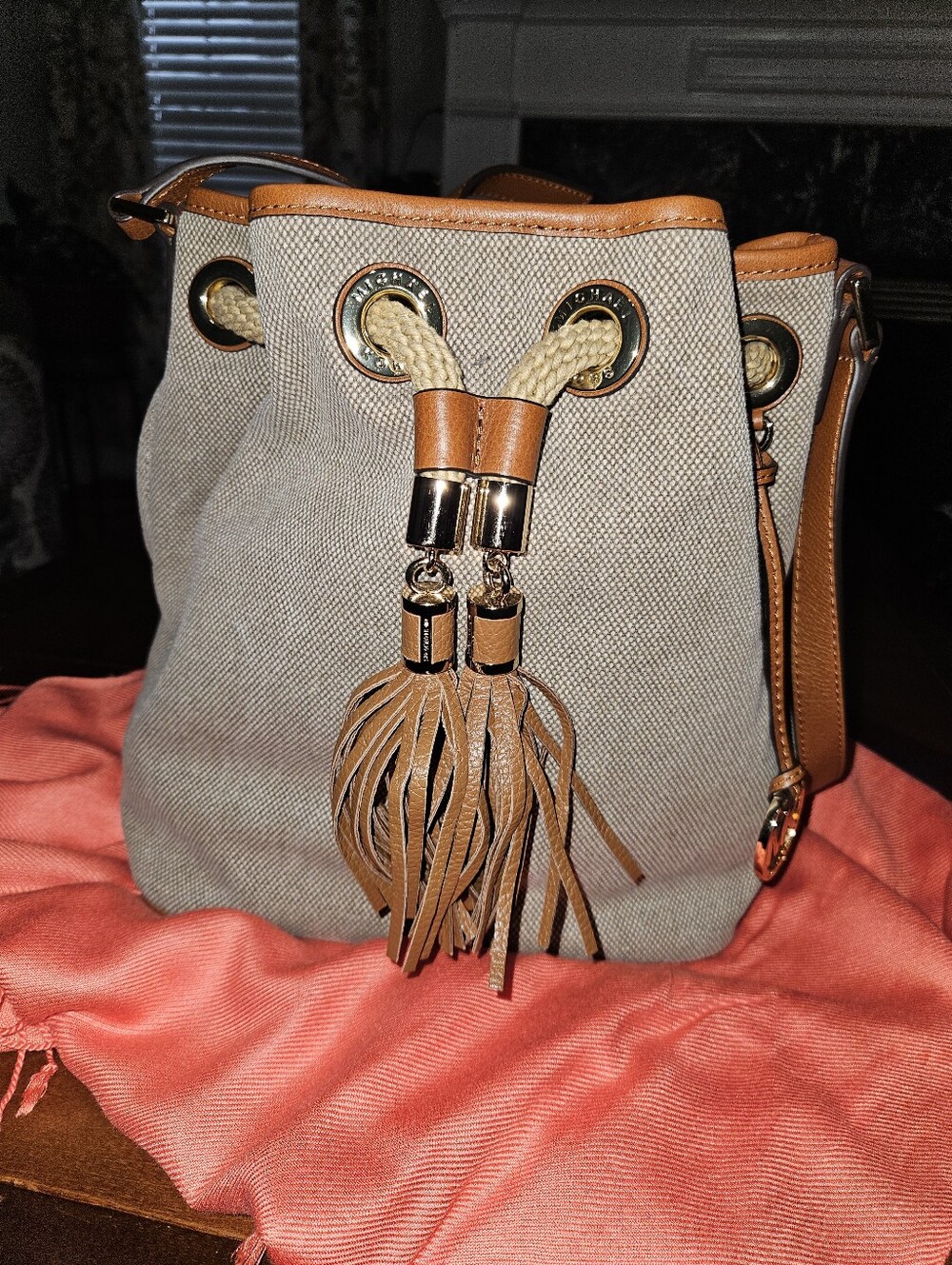 Michael Kors Beige Canvas Drawstring Shoulder Bag with Tan Trim